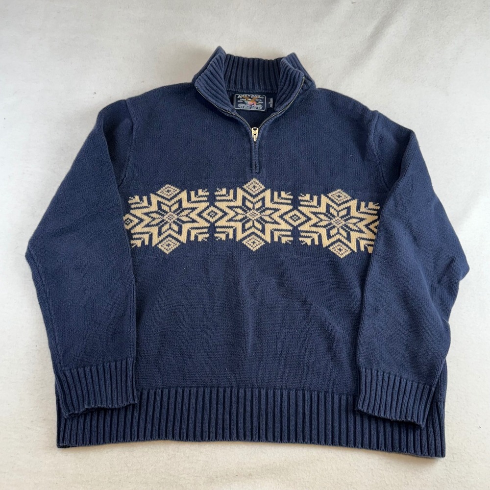 American Living Mens Large Navy Blue Snowflake Fair Isle Quarter Zip Sweater